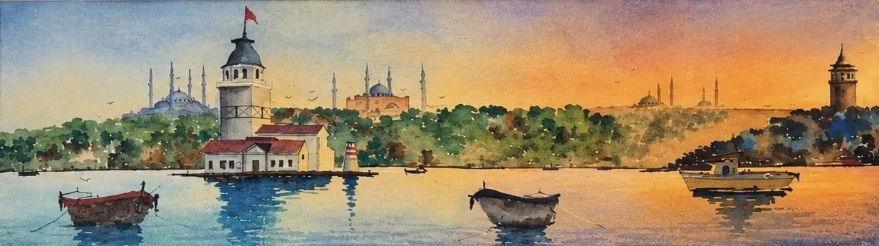 İki Yakanın Arasında: İstanbul silueti, suluboya panorama